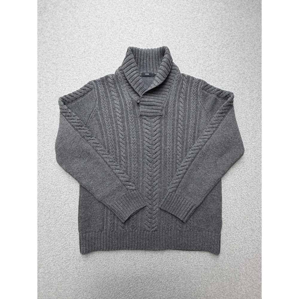 Vince Sweater Mens Large Gray 100% Wool Cable Knit Shawl Collar Pullover